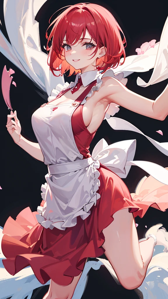 Highest quality, shape, Very detailed, In detail, High resolution, 8k wallpaper, Perfect dynamic composition, Beautiful details, Center of chest, Natural color lip, Random sexy poses,smile,20-year-old girl,Huge , A red-haired woman with short bob hair wearing a pink dress and a white apron