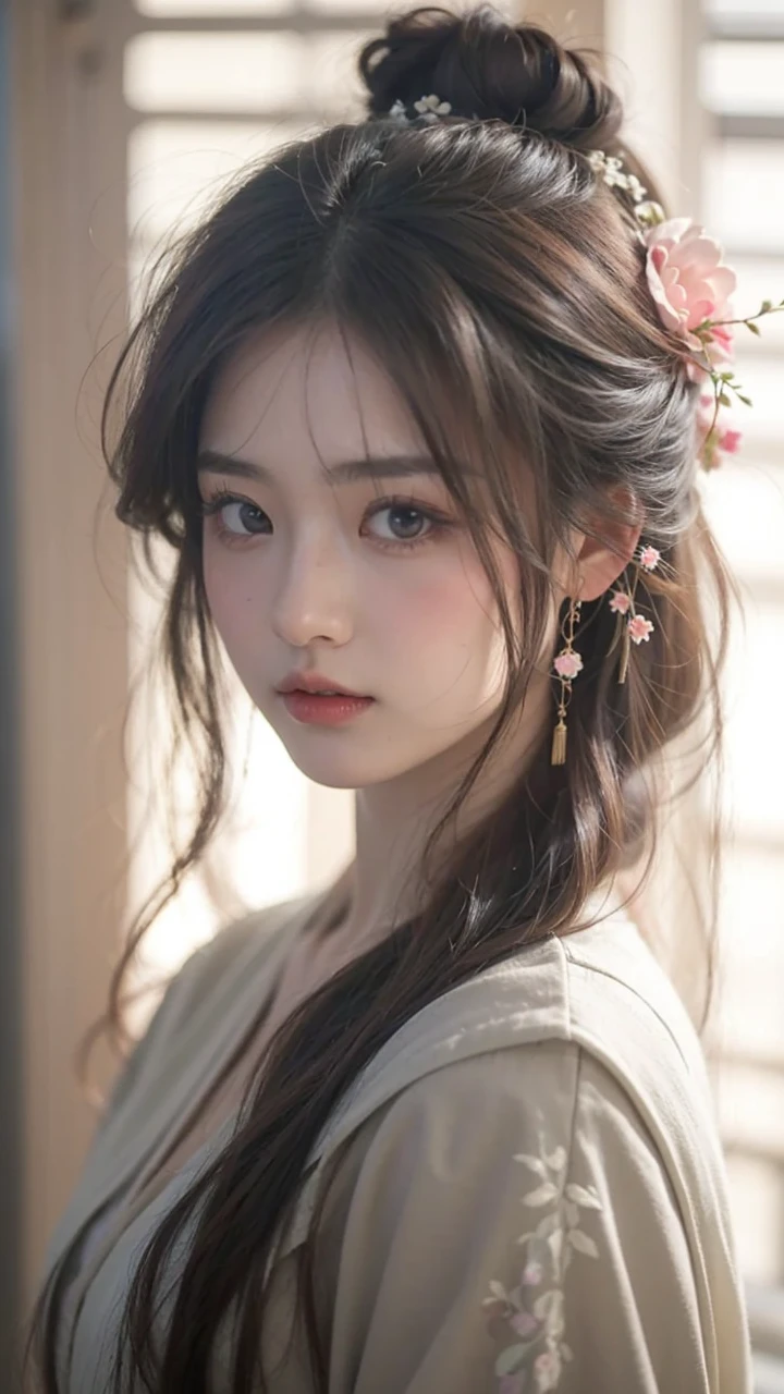 Beautiful Japanese waifu, early 30s, brunette hair, fantasy wuxia silky dress in white with flower pattern, closeup, flowery head decoration