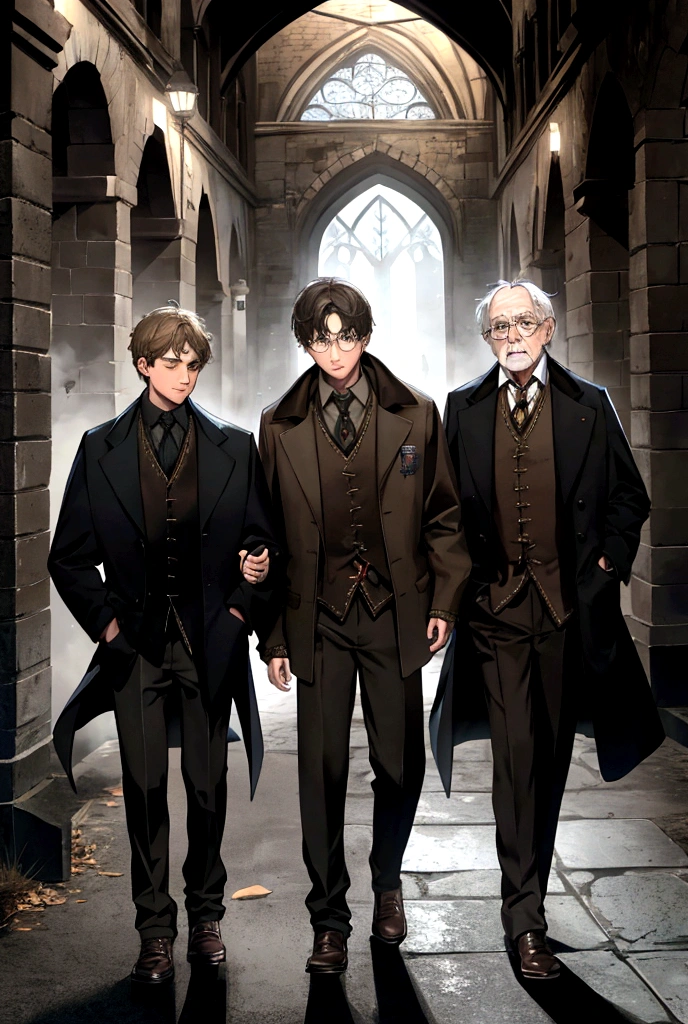 Two age boys and one old man, black ground France, Harry Potter clothing 