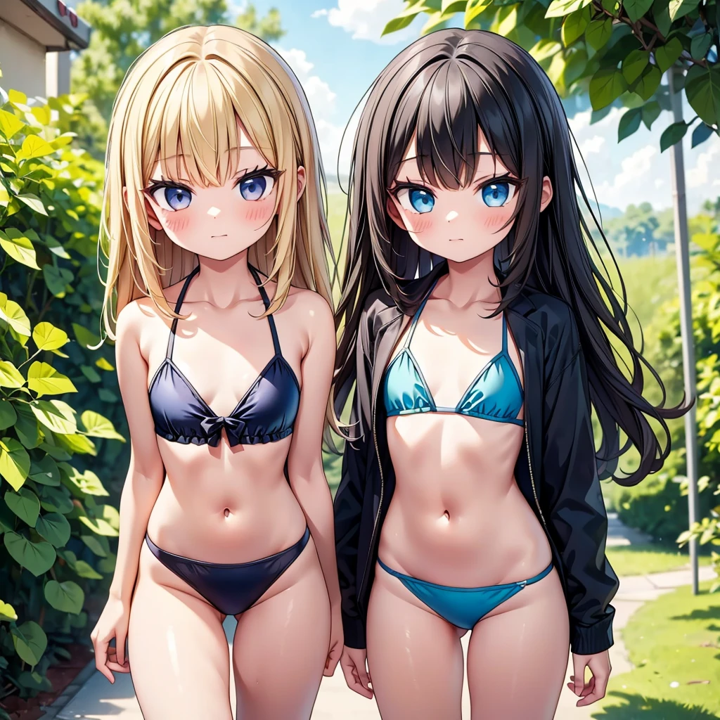 2 girls both are extremely young and are extremely skinny, in a tiny bikini and they look abt