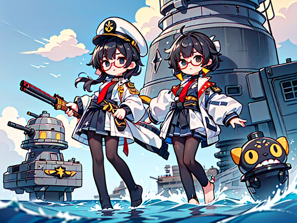 (((masterpiece, Vision))), ((((Full body of a woman with perfect flat chest、1 Female、solo、Short unkempt black hair、Tie your messy hair at the nape of your neck、white military jacket、Miko costume、black tights、Black glasses、White military cap、Cloudy black eyes、Confused eyes、Junyo-inspired emblem)))), (((Shipgirl))), ((Floating on the morning sea with both feet)), (Standing with your legs apart)), Aim, (Hold the shotgun turret grip with your right hand), (Multiple mechanical tentacles growing from his waist), (Equipped with a bridge on the back), (His left arm holds the grip of a triple machine gun),