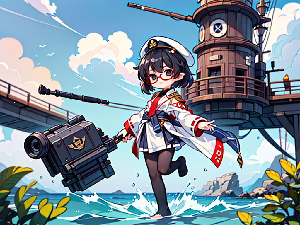 (((masterpiece, Vision))), ((((Full body of a woman with perfect flat chest、1 Female、solo、Short unkempt black hair、Tie your messy hair at the nape of your neck、white military jacket、Miko costume、black tights、Black glasses、White military cap、Cloudy black eyes、Confused eyes、Junyo-inspired emblem)))), (((Shipgirl))), ((Floating on the morning sea with both feet)), (Standing with your legs apart)), Aim, (Hold the shotgun turret grip with your right hand), (Multiple mechanical tentacles growing from his waist), (Equipped with a bridge on the back), (His left arm holds the grip of a triple machine gun),