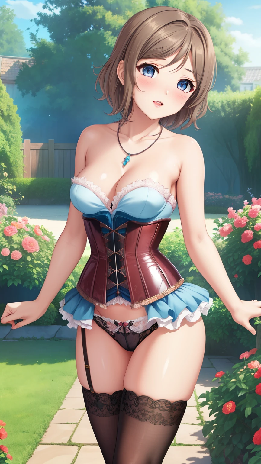 (Masterpiece), 8k wallpaper, solo, Watanabe you, game cg, beautiful detailed face and eyes, perfect anatomy, standing, garden, blush, glossy lips, strapless corset, necklace, jewelry, thigh highs, lace panties