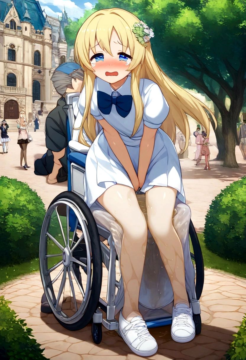 Anime. 1 girl. . . Baby. Princess. Blonde. Long hair. Blue eyes. Beautiful eyes. Perfect eyes. Expressive eyes. Eyes covered with a faded film. Blind eyes. Blind. Ideal face. Ideal anatomical body. Beautiful long legs. Beautiful body. Beautiful nose. . Embarrassment. Blush. Beautiful character design. Shiny skin. Light white dress. Shoes. Hair decorations. Disabled person. Paralytic. Sitting. Wheelchair. Hands on crotch. Urinary incontinence. Wants to pee. She needs to pee. She has a strong, desperate urge to pee. He squeezes his crotch tightly. Rubs copper. Slight lean forward. She peed herself. Fantasy city. A park. Date. At the entrance to a public toilet. He takes off his wet panties. Tears in my eyes. Cry. Snot flows from the nose. Full body. nsfw. Official art. Extremely detailed CG Unity 8k wallpaper. Ideal lighting. Ultra high resolution 4K. Super detailed 8K. A high resolution.