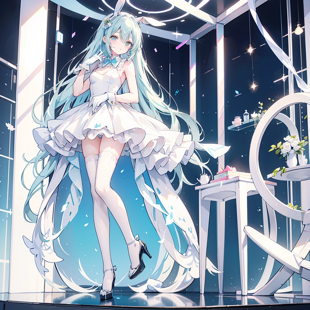 Miku, White stockings, Long bridal gloves,black High heels, High resolution, Full body, two legs , White Bunny,
