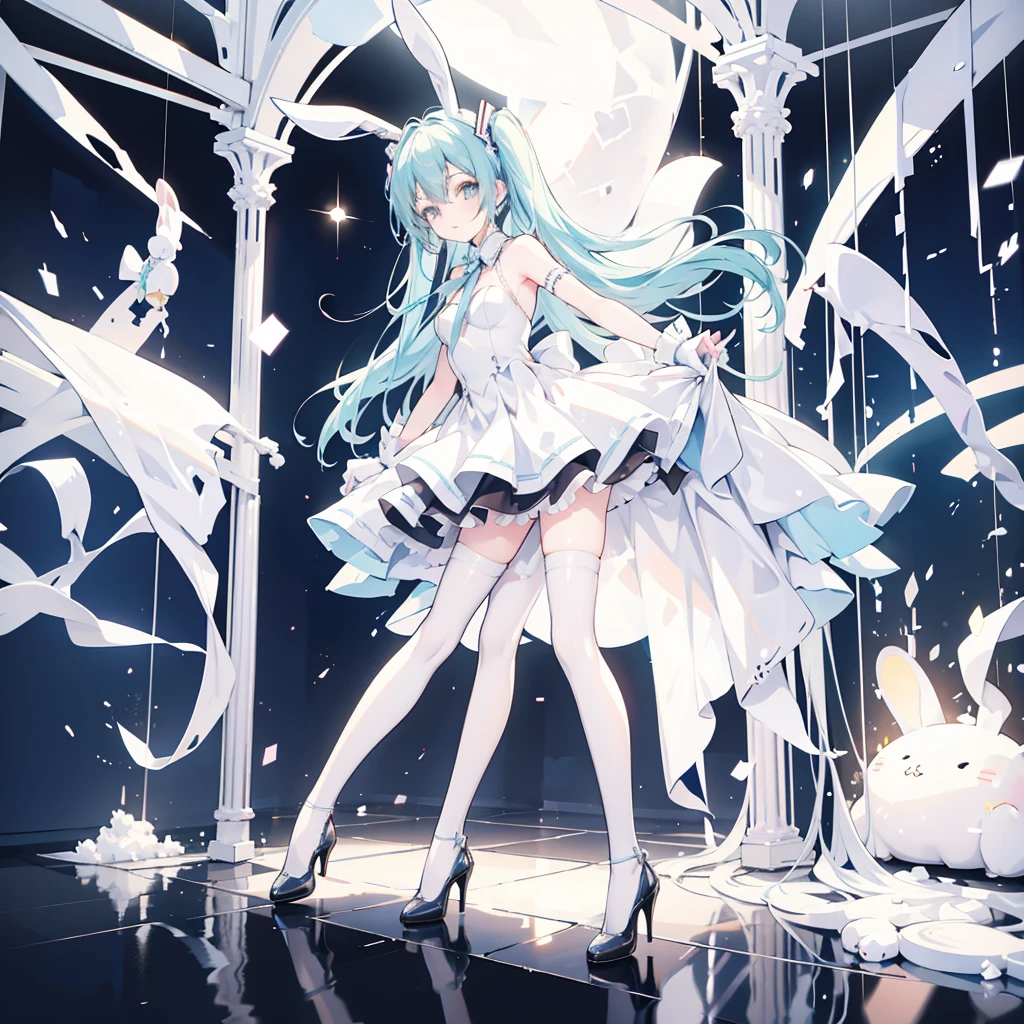 Miku, White stockings, Long bridal gloves,black High heels, High resolution, Full body, two legs , White Bunny,