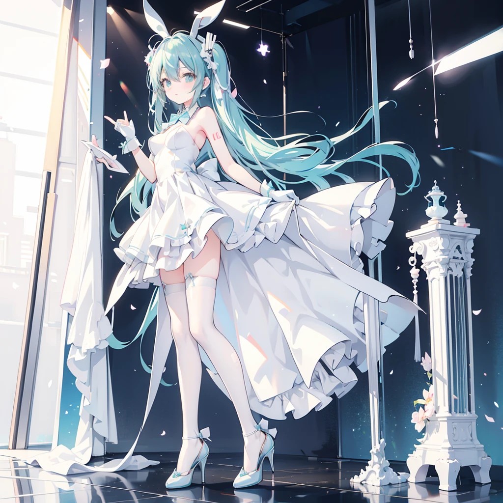 Miku, White stockings, Long bridal gloves,black High heels, High resolution, Full body, two legs , White Bunny,