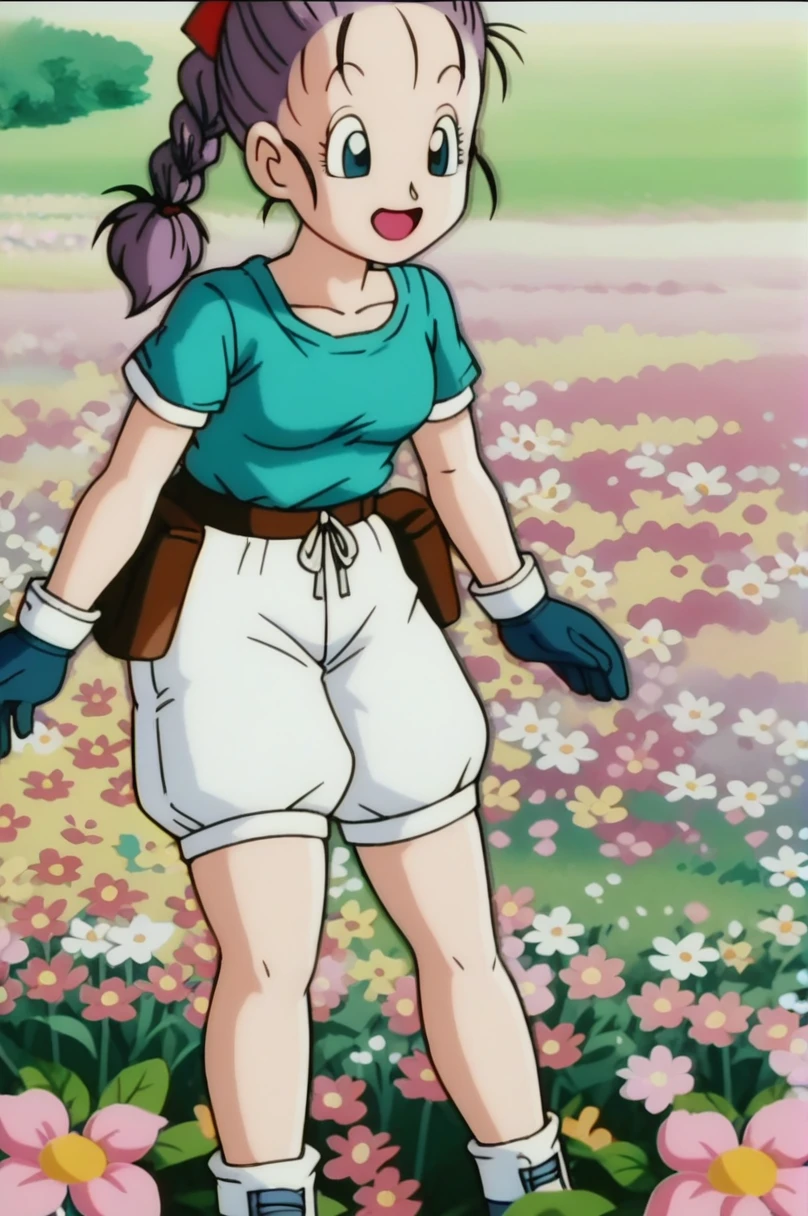 sauce_anime, score_9, score_8_superior, score_7_superior, anime screencap,
Bloomers, One girl, alone, smile, Open your mouth, blue eyes, Black Hair, gloves, Purple Hair, Braided Ponytail, flower, belt, Happy, Field, flower Field, Blue clothes,