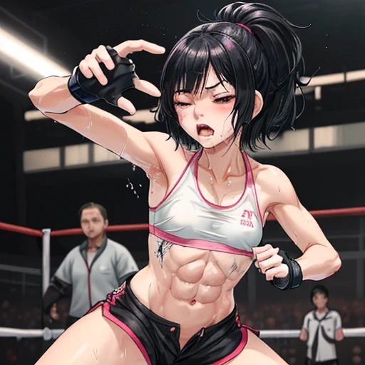 Injured Japanese female high school mixed martial artist during a match in the ring。Short black hair。After the downfall、Trying to stand up on hands and knees。A regretful look。One eye closed。Out of breath。Drooling from the mouth。Drenched in sweat。A well-trained body。Six Pack Abs。Small breasts。Erect nipples。Pink sports bra and bikini shorts on white。Open Finger Gloves。