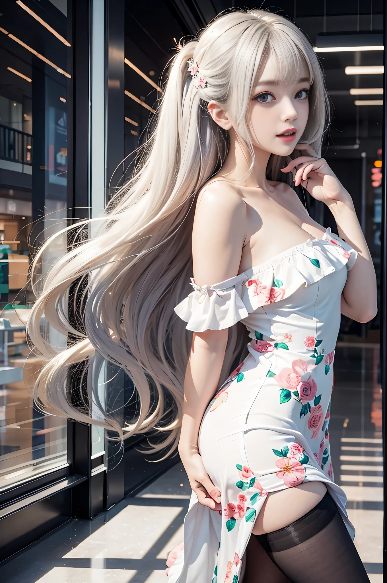 ((Girl Standing In Office)),(((posterior view)))、 Silver hair, Bangs, Blunt bangs, Long straight hair, aqua eyes, longeyelashes, Solid Circle Eyes, makeup, Open mouth, blush, Parted lips, Bright pupils, smiley, Seductive smile, glint, surrealism, Modern、Black pantyhose、high-heels、((Pure white dress、Floral dress、、off shoulders: 1.6))、Skyscrapers are hazy in the windowix4、((No skirt))、((No panties))、((stick out buttocks))、Provocative、 (Best Shadow: 1.1), (tongue、Vaginal orchids、Runny Vaginal Discharge、Blowing tide)、