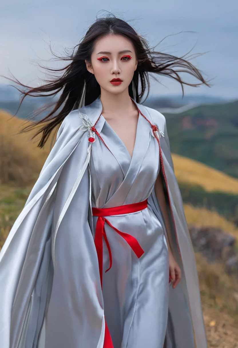 (RAW Photo) , (highly detailed:1.20) , ultra realistic :1.10) ,sexy Chinese girl in her 20s , (perfect face:1.20) , (detailed red eyes:1.20) , with long silver hair in ponytail , (((long silver satin cape tied at the neck with a ribbon :1.20))) , naked  , full body, windy hillside ,  high-quality ultra realistic style, detailed eyes, professional, expressive , 8K , highly detailed , professional,