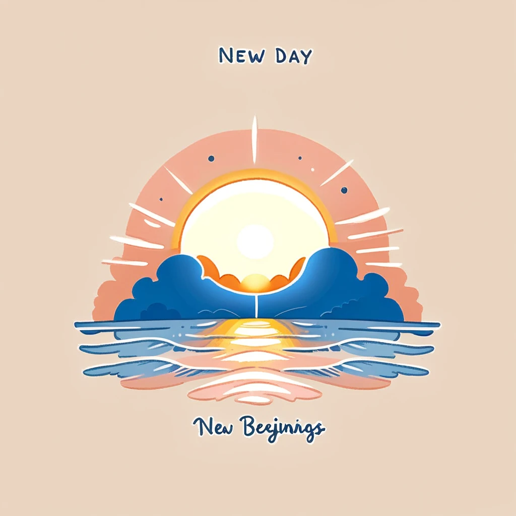 a minimalist doodle of a pastel-colored sun rising over a calm horizon. Text saying 'New Day, New Beginnings' - pastel hues of soft orange, light pink, and gentle blue