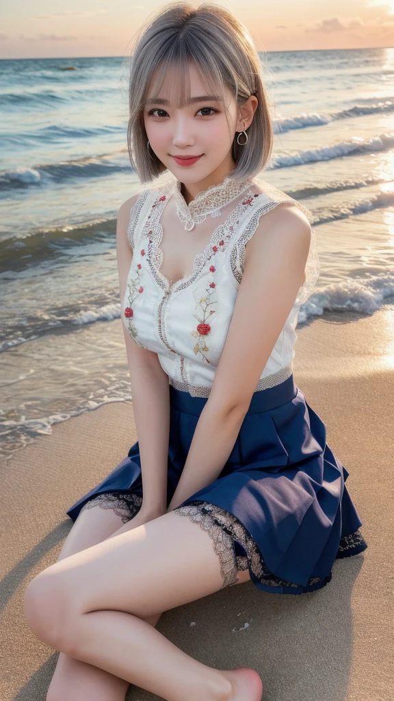 (8K, Photorealistic, Raw photo, Highest quality: 1.4),Japanese idol-style beautiful girl,1 person,18-year-old,(Short Bob),(Silver Hair :1.1),She has her hair tucked behind her ears,Clear grey eyes,Long eyelashes,(piercings(small)),(Lip gloss),lips(Plump,glossy),thin long neck,(camisole),(flare skirt(Layered lace)),tights(Mesh),barefoot,(Sleeveless jacket((Lace embroidery),(Mesh))Layering),Evening seaside,White sand beach,The sun sets on the horizon,Date with boyfriend,Smiling at the camera,Knee shot portrait