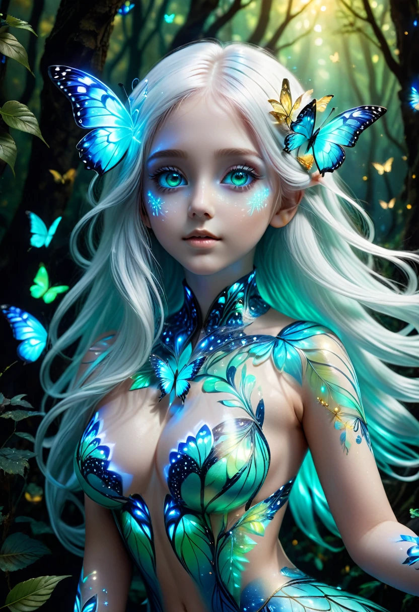 A girl with blue patterns on her whole body , touching a neon blue butterfly , bluish green eyes , glowing long white hair , body painted with glowing blue and golden colors , many other neon butterflies of different colors are also flying near her , dark fantasy forest background , hyper realistic art , fantasy art , clear facial textures , beautiful face , cute face , some glowing leaves and fantasy particles can be seen also , full body image ,