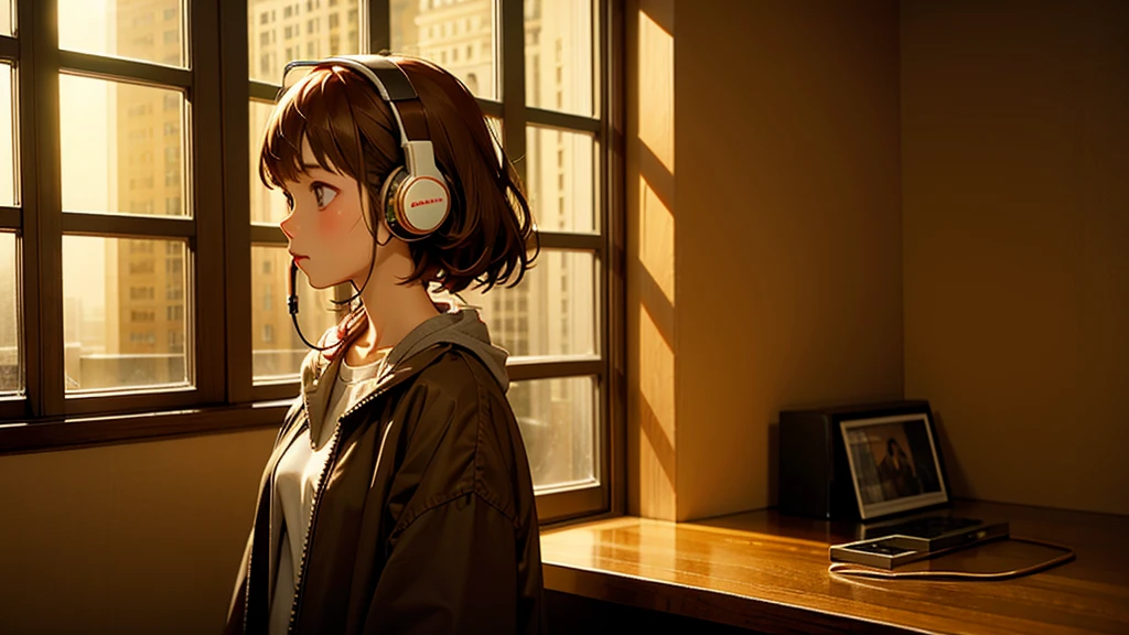 peaceful room, big windows, Outside the window is a city at night, One brown-haired, dark-eyed girl, headphone