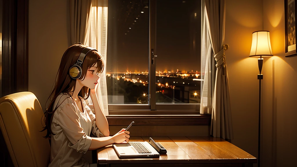 peaceful room, big windows, Outside the window is a city at night, One brown-haired, dark-eyed girl, headphone