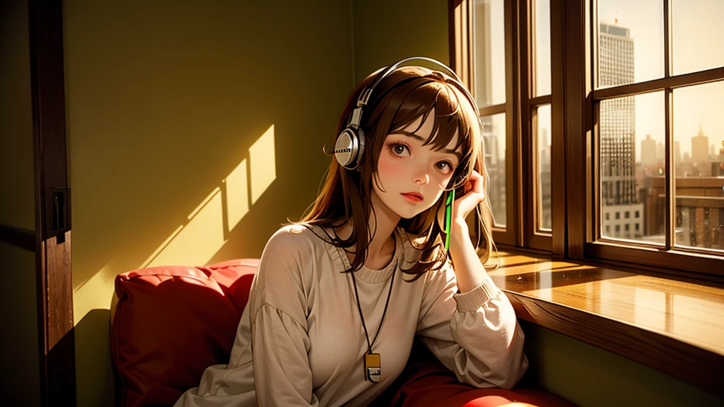 peaceful room, big windows, Outside the window is a city at night, One brown-haired, dark-eyed girl, headphone