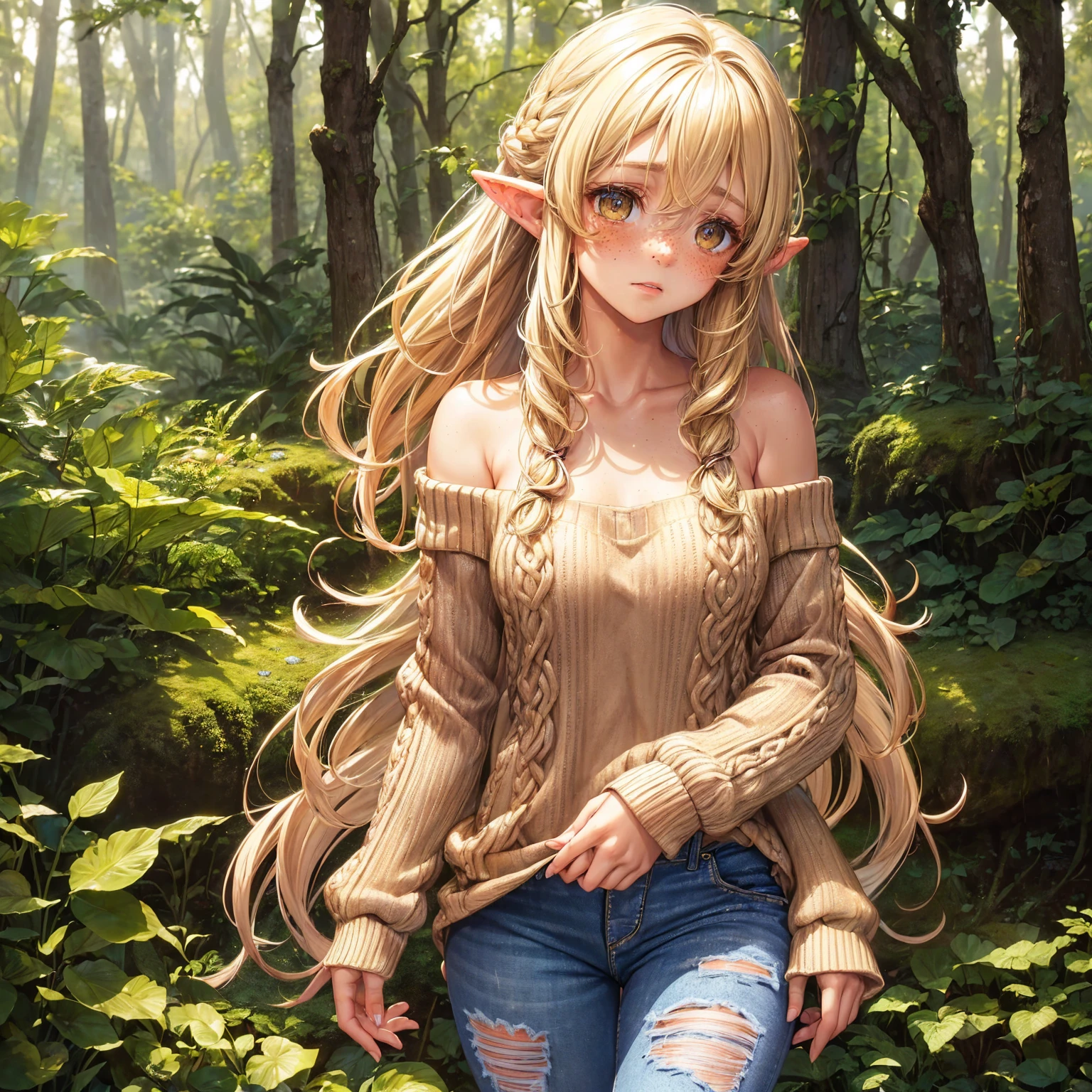 ((female, forest nymph, innocent eyes, brown colored eyes, soft blonde hair, shy, in forest, freckles, brown off the shoulder sweater, ripped jeans, skinny, blushing))