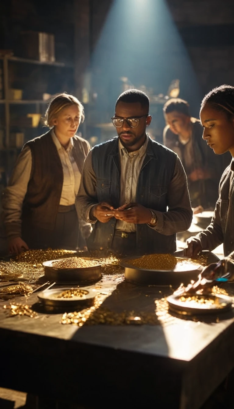 Racially mixed group of workers at a desegregated workplace, background dark gold sun, hyper realistic, ultra detailed hyper realistic, photorealistic, Studio Lighting, reflections, dynamic pose, Cinematic, Color Grading, Photography, Shot on 50mm lens, Ultra-Wide Angle, Depth of Field, hyper-detailed, beautifully color, 8k