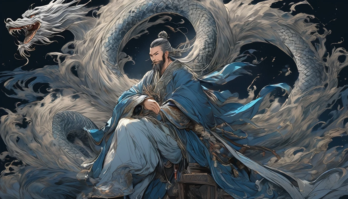 Line art drawing comic a perfect handsome male, Clear Face, Small man in his 40s, Small, Hanfu, beard, ((whole body)), Fine grain,villain, Detailed face,Perfect hand-crafted detail,Grab a brush,Dark Background,darkness,smile,
cast (unfathomable,Bamboo Flooring,Dragon Fire Glass Panel Brownian Motion,Diagonal lines,Zenith angle,Dust storm,Superfluid,ball,oval ,Flowing magic:1.0)| Wizard, (Vibrant,Illuminate,Enthusiast,cycle,dark blue,Chrome Yellow Arcanum,Dazzling,shine ,liquid crystal,Space dust,Teleport,The Magic of Dashed Lines:1.0) Purification spell, Trace the symbol on the parchment with a quill, Precisely craft a spell, Astral Sparkle, Simple Positive XLv1, Ultra-high resolution, wallpaper, 8K,Richly textured details, Elevation, A magnificent composition, . graphic illustration, Comic art, graphic novel art, Vibrant, Very detailed . Professional, Sophisticated, Modern, Minimalist, graphic, Line art, vector graphics