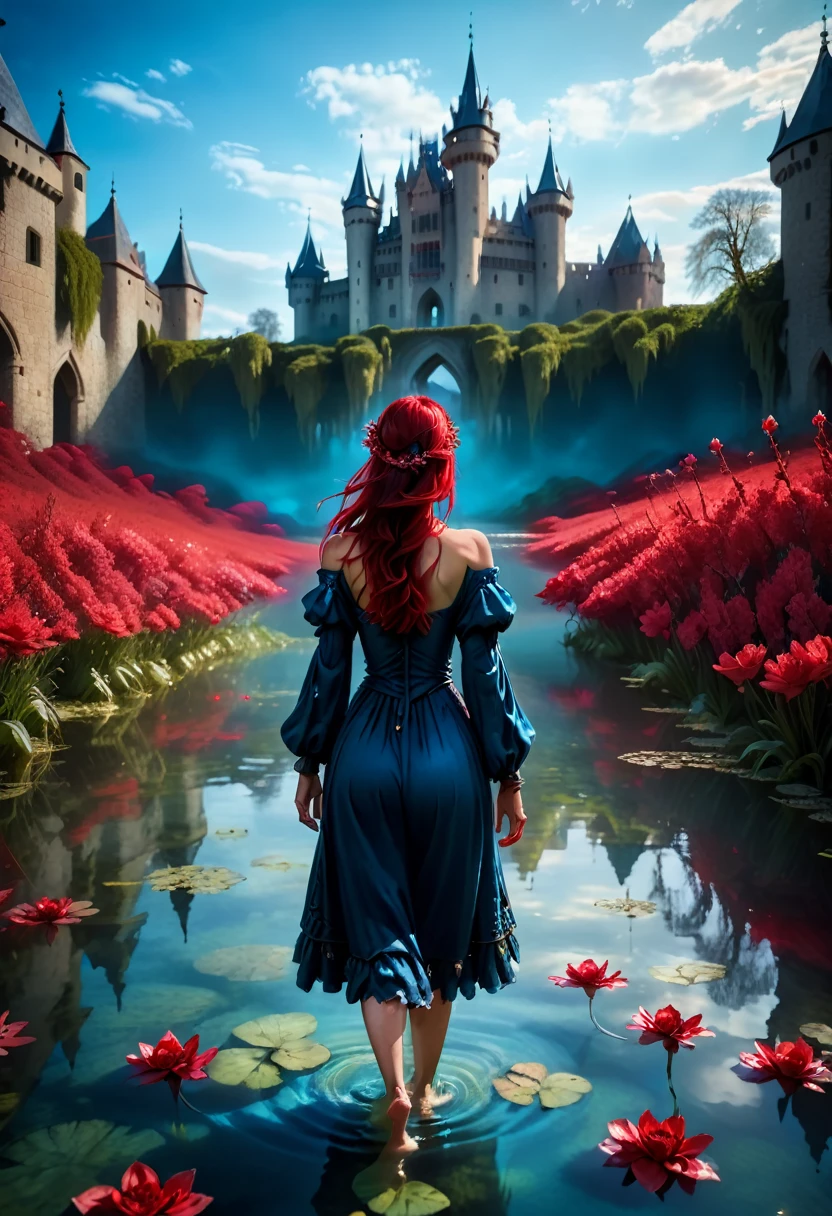 full body shot of A female in a fantasy world inside pond filled with red flowers, walking towards a huge medieval castle. Cinematic style. Beautiful fantasy world blue lighting cold cinematic volumetric lighting.