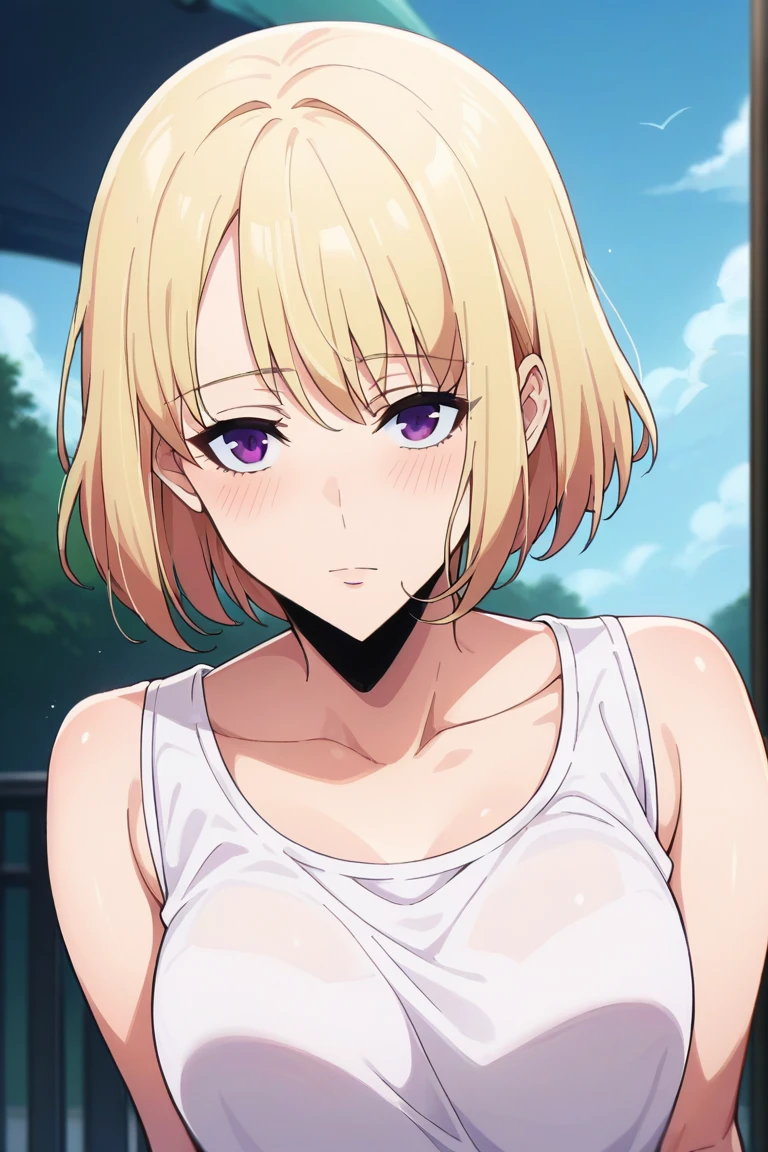 score_9, score_8_up, score_7_up, score_6_up, score_5_up, score_4_up, rating_questionable, , source_anime, digital illustration, pixiv, fanbox, uncensored, , BREAK, official art,
1girl, solo, mature female, cha hae in,, blonde hair, purple eyes, short hair,
croptop, upper body, close-up, , outdoors, blush, looking at viewer, cowboy shot,