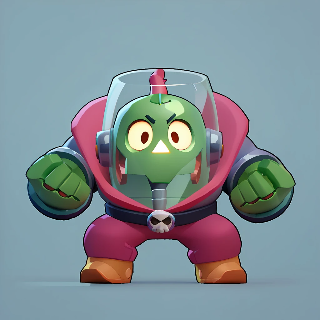 full view of a humanoid robot, having muscular green arms, a living human skull inside a glass bubble, cylindrical body, brawl, brawl stars