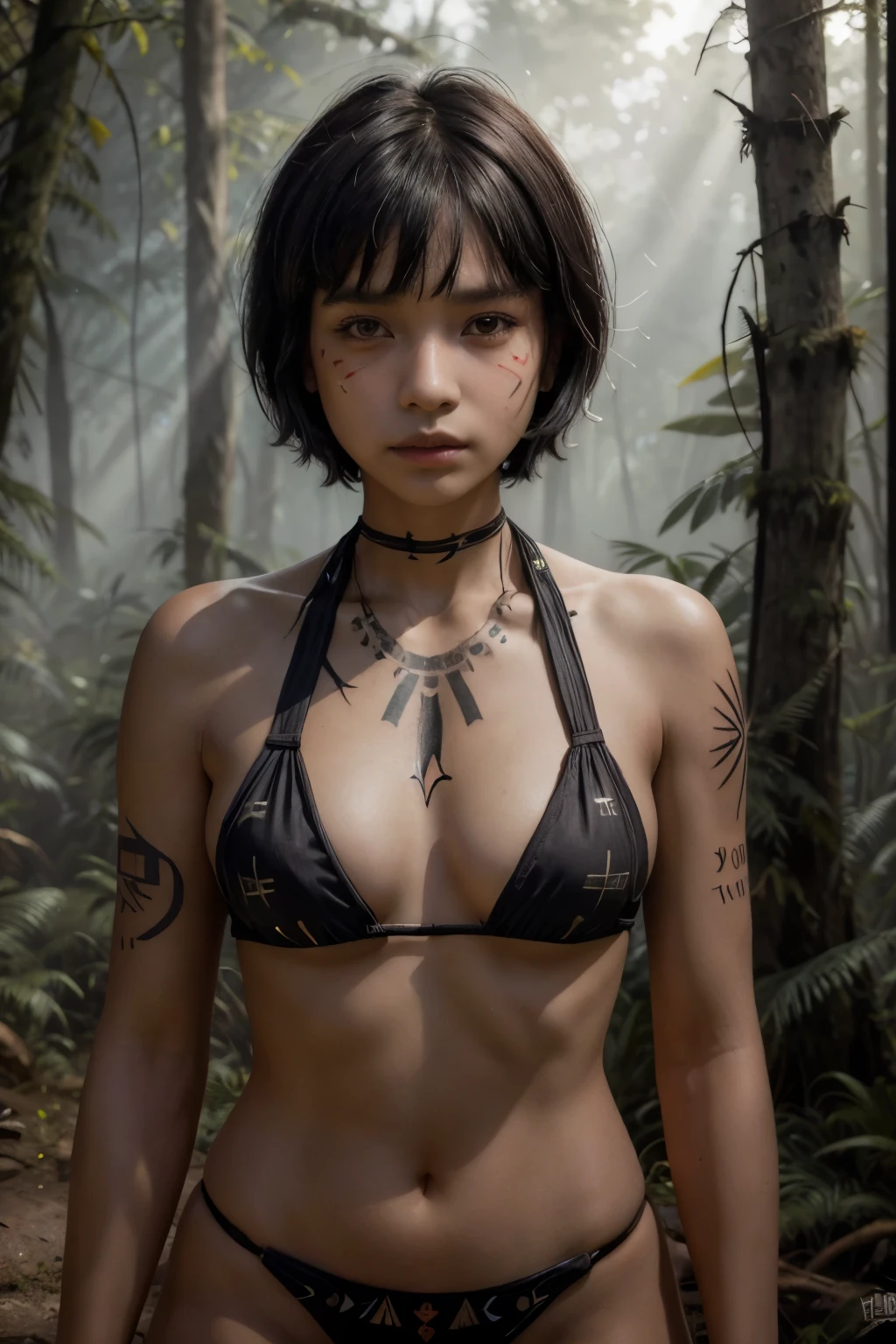 best quality, masterpiece, (realistic:1.2), 1girl, solo, (silhouette lighting:1.2), short hair with bangs, tribal tattooed dark skin, tribal bikini, face paint, face marker, hourglass figure, forest at dusk, twilight