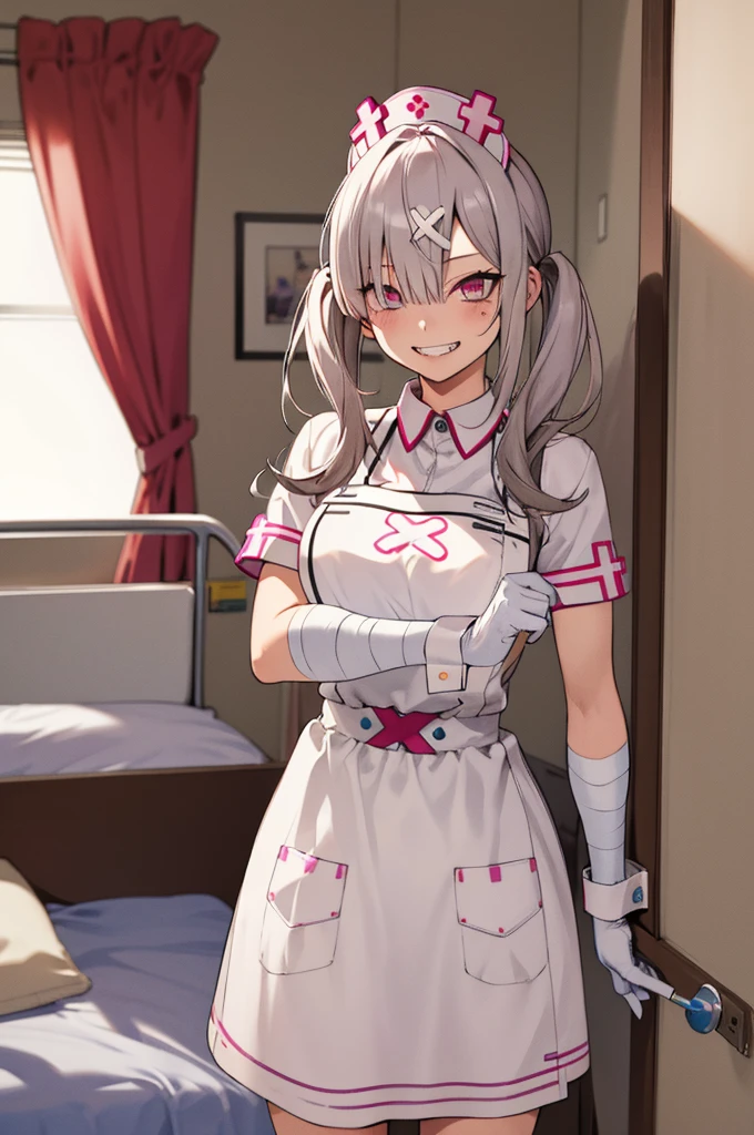 masterpiece, best quality, highres, sk1, white gloves, bandages, white apron, short sleeves, nurse, bandaged arm, wrist cuffs, white dress, fangs, cowboy shot, standing, hospital bed, evil grin, holding syringe,