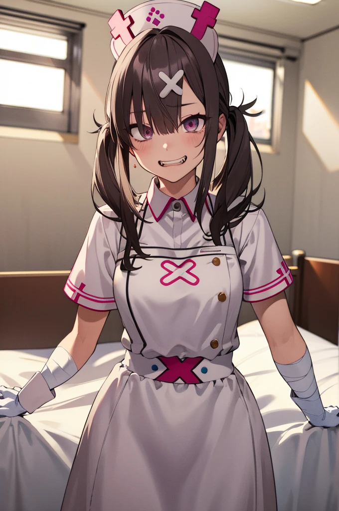 masterpiece, best quality, highres, sk1, white gloves, bandages, white apron, short sleeves, nurse, bandaged arm, wrist cuffs, white dress, fangs, cowboy shot, standing, hospital bed, evil grin, holding syringe,