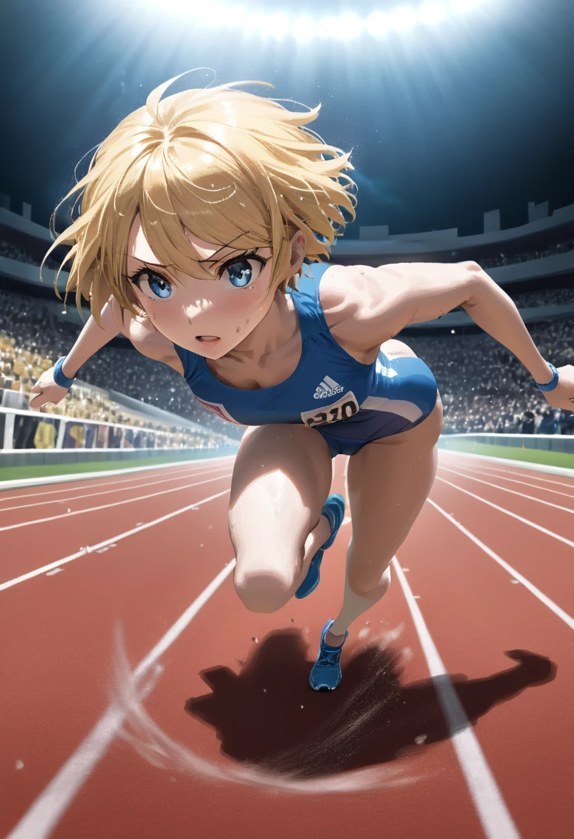 Girl athlete racing 100 meter run at the track and field stadium, Flowing blonde short hair,blue eyes, Sleek and aerodynamic running wear, intense expression, Several female athletes compete in a heated race, Dynamic Motion Blur, A low-angle view that emphasizes long legs and powerful strides, from front, Cinema Lighting, Vibrant colors, (Highest quality,4K,8K,High resolution,masterpiece:1.2),Super detailed,(Realistic,photoRealistic,photo-Realistic:1.37),Very detailed face and eyes, Beautiful lip detail,Very detailed, hyper Realistic, Professional photography, Cinema Lighting, Dynamic action scenes, Wonderful landscape