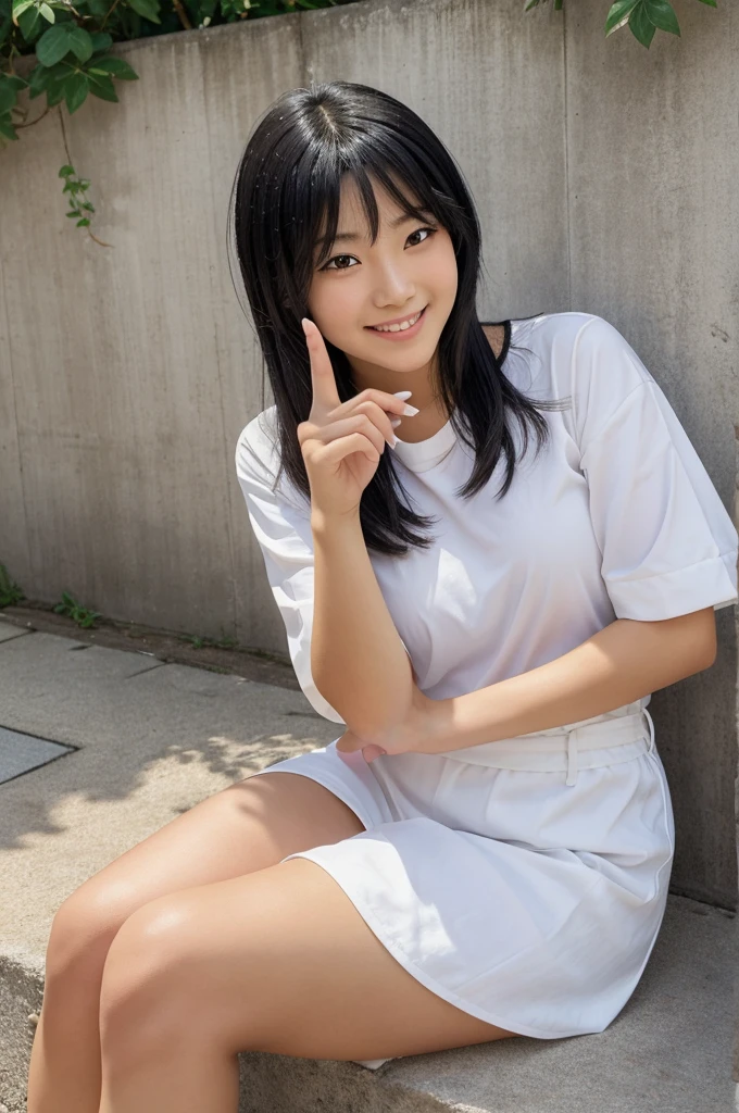Description of Miumi:
Appearance:
Typical Japanese features.
Short, black hair.
Fair skin.
Clothing:
Wearing a white outfit.
Background:
Outdoor setting.
Behind her, there is a wall with a potato-shaped cartoon character. Below this cartoon character, the word "chips" is written.
Miumi is sitting right below this cartoon character.
Expression and Pose:
Smiling.
Striking a unique pose with her right hand.
Looking through the space between her middle finger and index finger, giving a playful and cute expression.