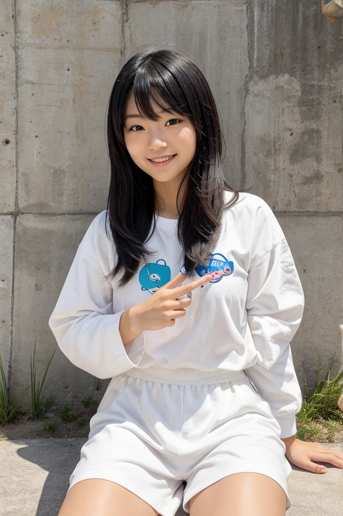 Description of Miumi:
Appearance:
Typical Japanese features.
Short, black hair.
Fair skin.
Clothing:
Wearing a white outfit.
Background:
Outdoor setting.
Behind her, there is a wall with a potato-shaped cartoon character. Below this cartoon character, the word "chips" is written.
Miumi is sitting right below this cartoon character.
Expression and Pose:
Smiling.
Striking a unique pose with her right hand.
Looking through the space between her middle finger and index finger, giving a playful and cute expression.