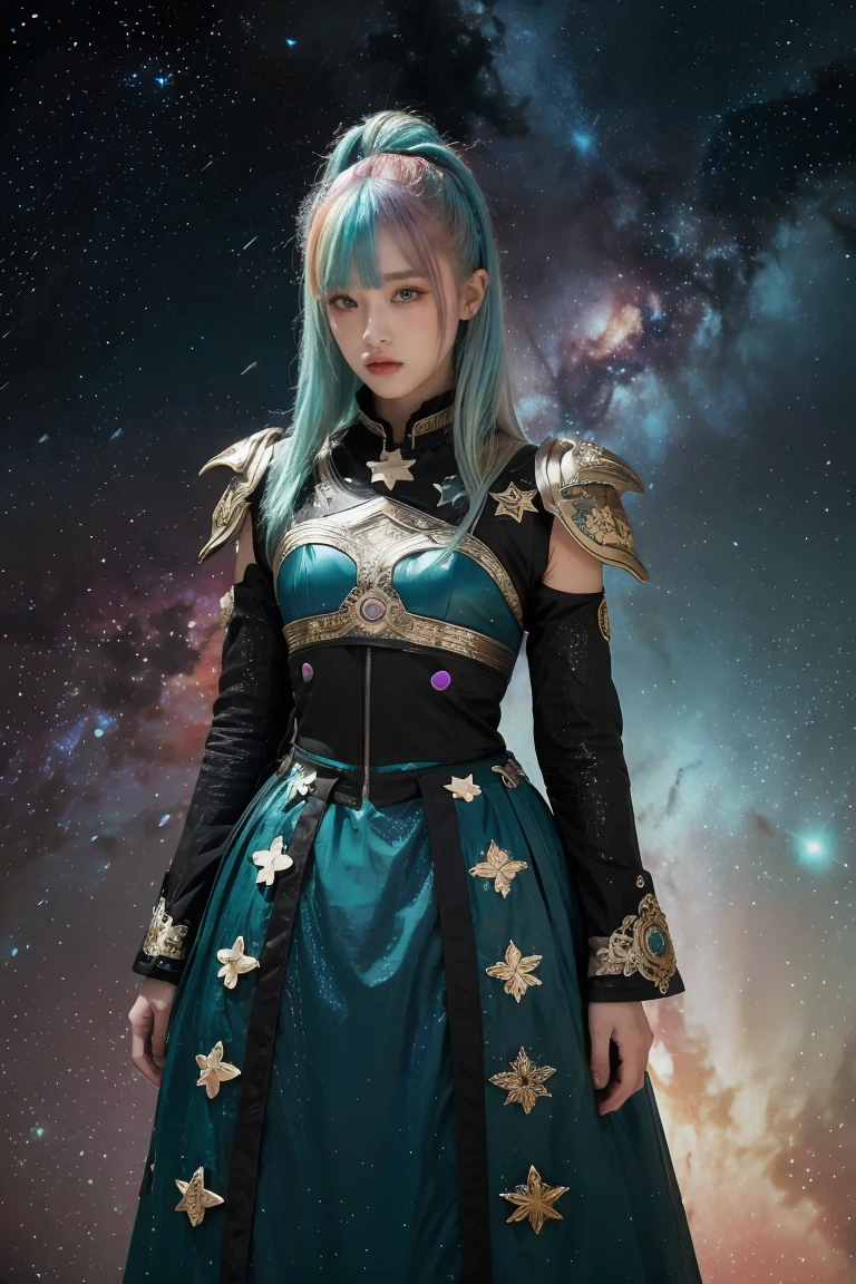 a girl with rainbow colored hair and detailed teal dress armor, standing, rainbow colored cosmic nebula background, stars, galaxies, intricate details, perfect face