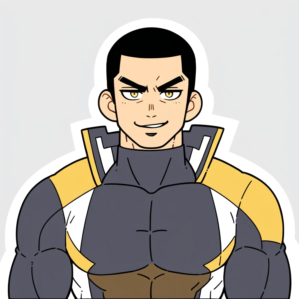 anime characters：Gyee, Muscle Sports Student, Buzz Cut，Manliness, male focus, Mike White high collar long sleeve tight T-shirt, Slightly transparent material, Very tight, Round, full and perky chest muscles, Slightly transparent, muscular male, muscular, only, Upper body, alone, Black short hair, Thick eyebrows, stubble, Yellow eyes, Grey background, simple background, amazing quality, best aesthetics, Ridiculous, bright pupils, crew cut, parted lips, seductive smile, torogao, naughty face, drop shadow, best quality
