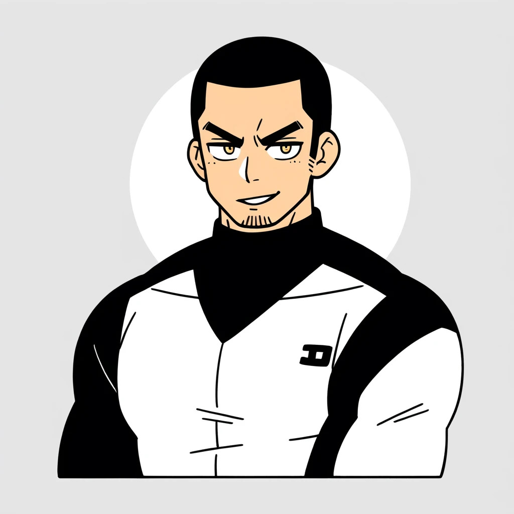 anime characters：Gyee, Muscle Sports Student, Buzz Cut，Manliness, male focus, Mike White high collar long sleeve tight T-shirt, Slightly transparent material, Very tight, Round, full and perky chest muscles, Slightly transparent, muscular male, muscular, only, Upper body, alone, Black short hair, Thick eyebrows, stubble, Yellow eyes, Grey background, simple background, amazing quality, best aesthetics, Ridiculous, bright pupils, crew cut, parted lips, seductive smile, torogao, naughty face, drop shadow, best quality