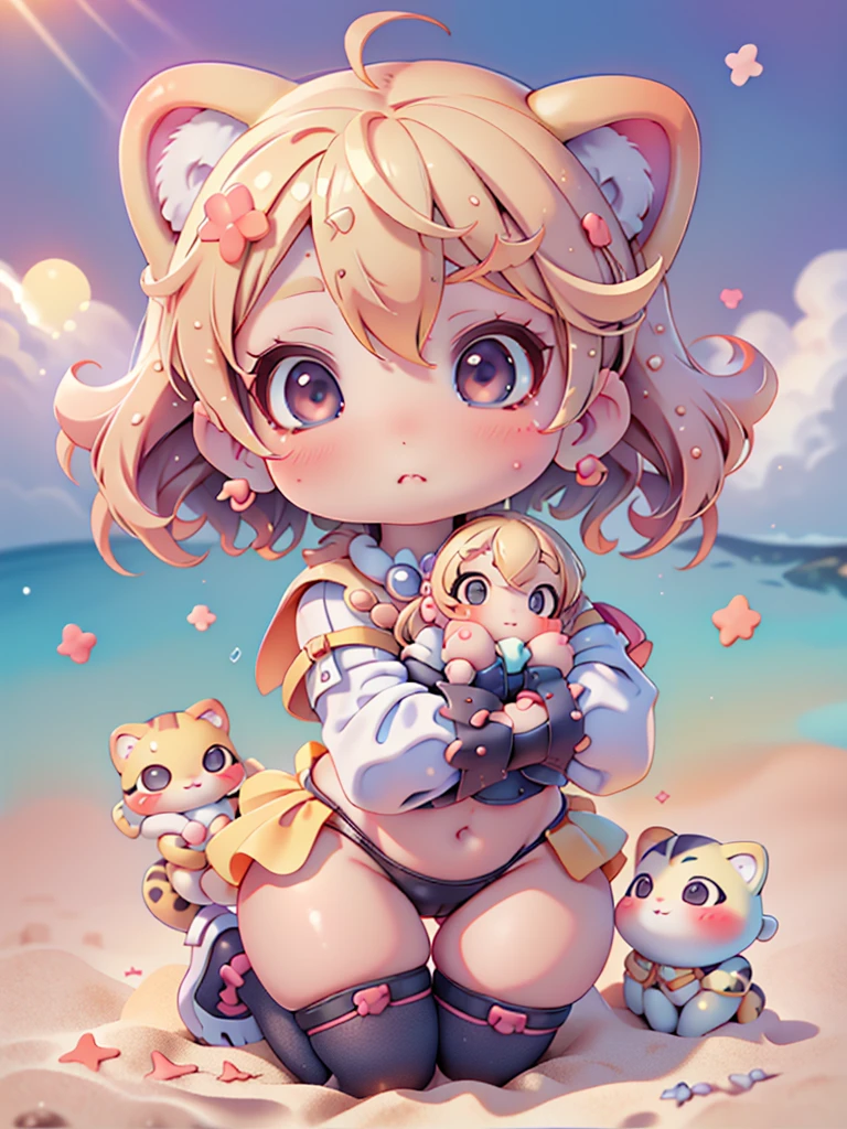 High quality、plastican00d、Bright atmosphere、Realistic Light、Spotlight from above、pretty girl、、bikini、Fishnet tights、Blonde Hair、garter belt、Two-headed appearance、Doll、Chibi、plastic、Very Short Hair、ulonimbus、Summer sunshine、Beach、full body, chibi,Cat mouth、A glimpse of a double tooth、Leopard print、