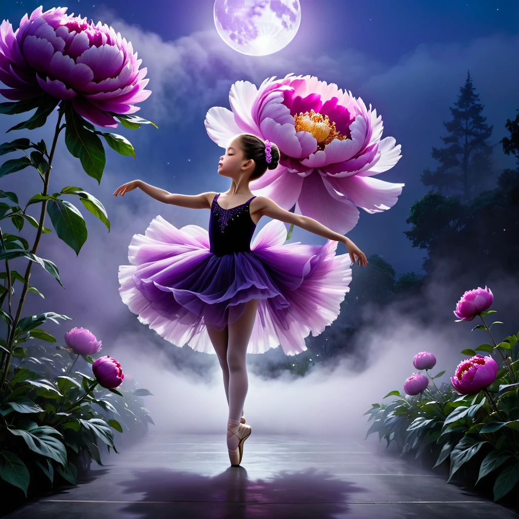 A tiny ballerina wearing a purple dress dancing with a giant peony, which is taller than she is, in the moonlight. There is a fog rolling across the bottom. The backdrop is black.