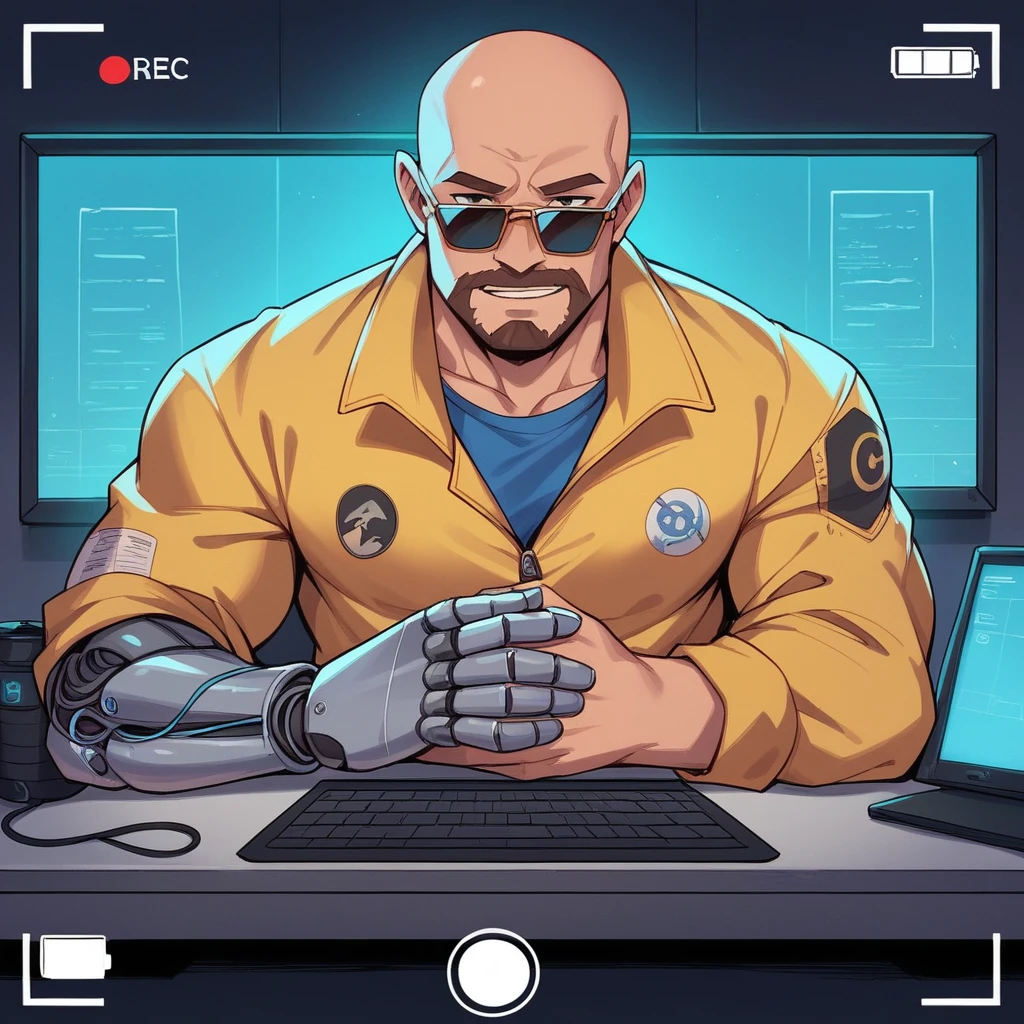 A bald guy with a short and stylish brown beard, athletic body, wearing yellow jacket with blue neon, sunglasses, robotic arm implants, connected ends, in his bedroom, using a computer to hack, sci fi environment, night-time, POV view, computer camera view