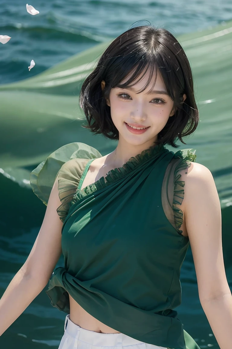 One beautiful and delicate portrait of a playful cute girl with short boyish hair, black hair, emerald green sea, mischievous smile, dancing petals, (top quality, masterpiece, ultra-realistic) and petals floating in the background