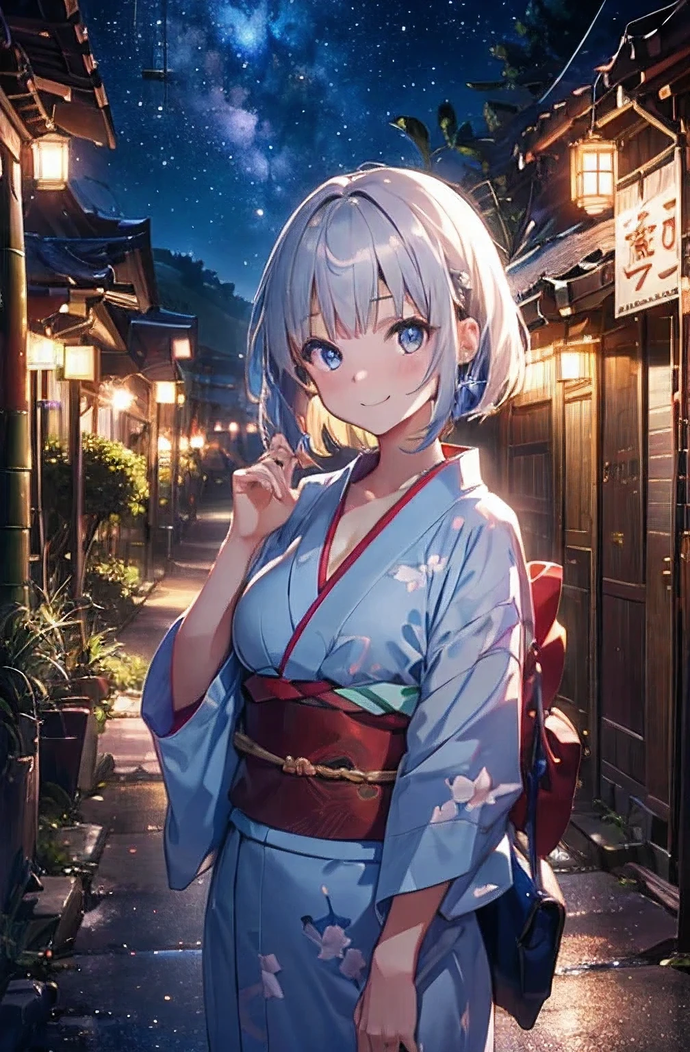 high resolution, (incredibly absurdres:1.1), (hires.fix:1.3), extremely detailed CG unity 8k wallpaper, BREAK girl, cleavage, gorgeous yukata, scenic print, silver hair, bob cut, silver eyes, 17 years old, smile, embarrassed, BREAK
(magnificent panorama view, tanabata, Weaver Festival, bamboo_forest, milky way, night view:1.1), wide shot, depth of view,