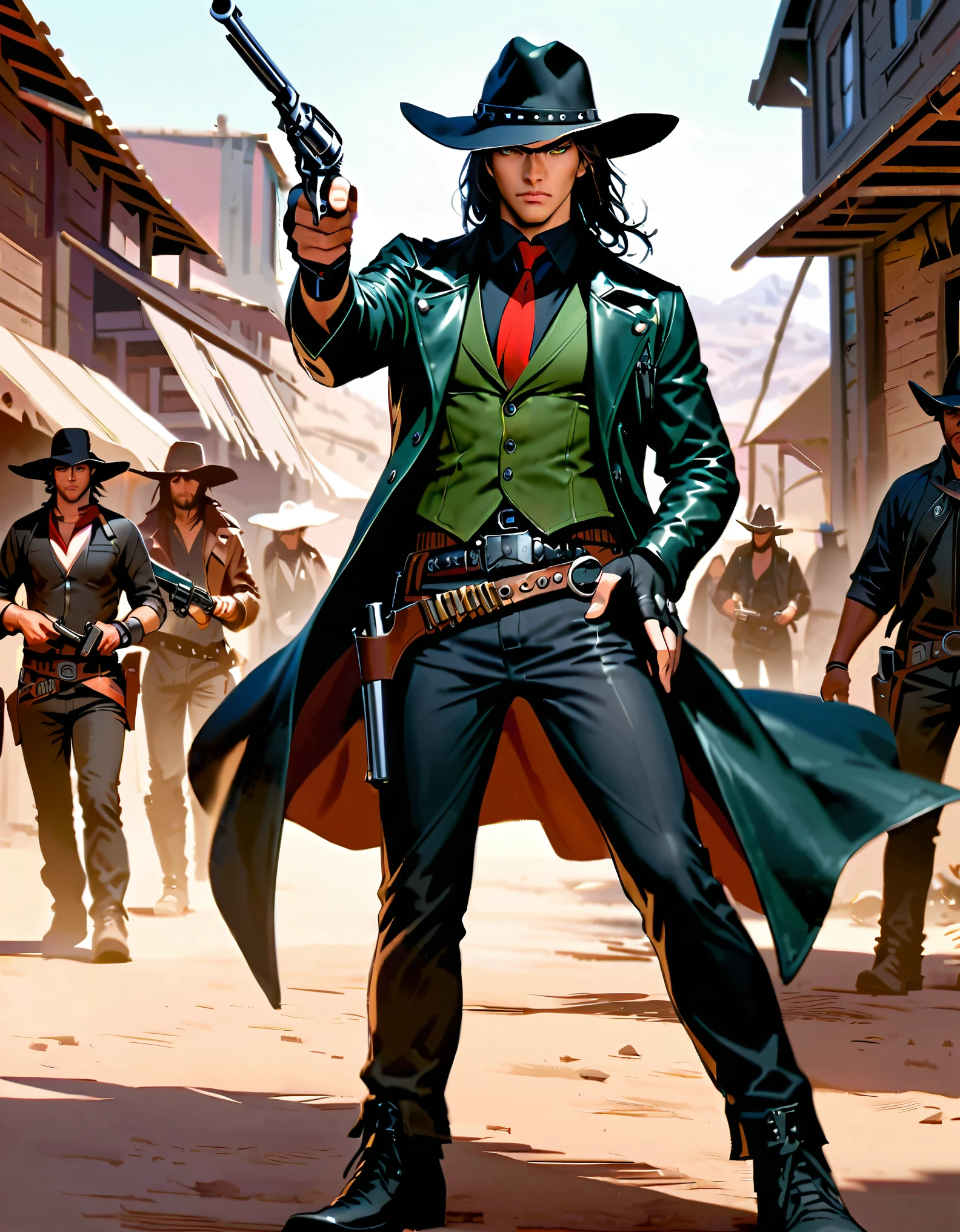 semi-realistic, solo, solo focus, 1 young black-haired man, dark green vest, serious look, 1 man, green eyes, full body shot, cowboy bounty hunter on a modern setting, cowboy shot, black hat, black shirt, red necktie, long black coat, fingerless gloves, black pants, belt buckle, shoes, serious look, (holding gun, Colt revolver handgun, finger on trigger), spaghetti western atmosphere