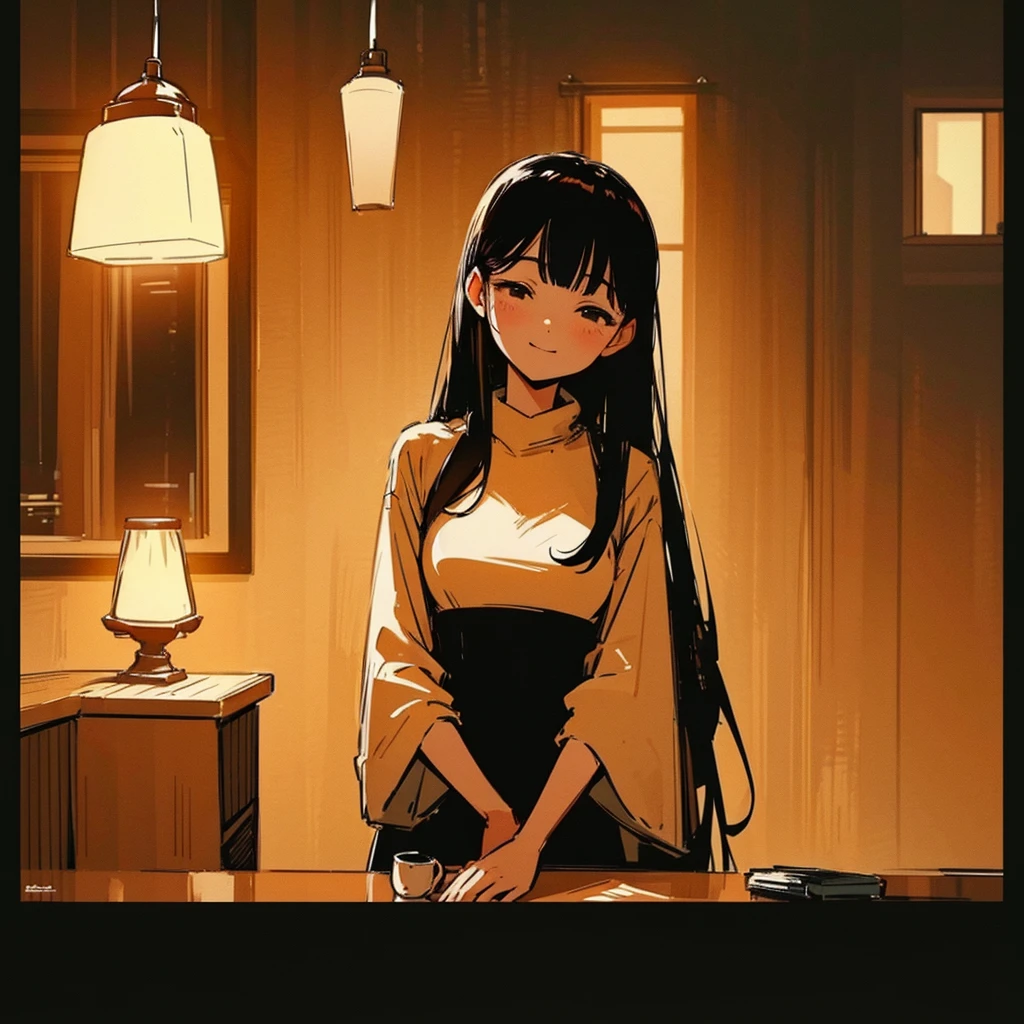 20 year old dark-haired woman、Staying calm、Gentle light、Black background、coffee、head shot、Lo-fi illustration、A relaxing sight、In a warm room、I feel safe、smile、seems to be happy、Orange lamp shade、Restaurant、Kanban Lady