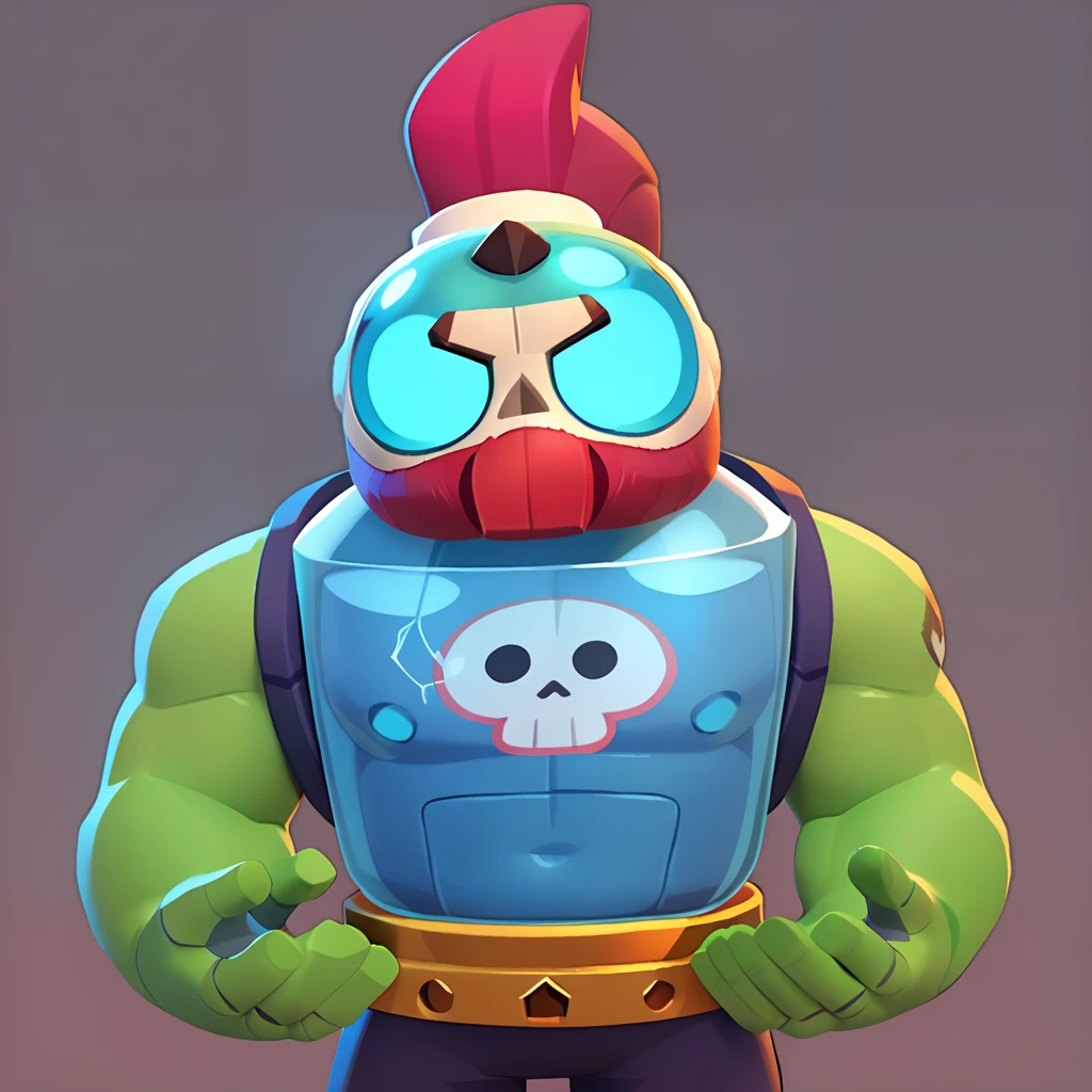 full view of a humanoid robot, having muscular green arms, a living human skull inside a glass bubble, cylindrical body, brawl, brawl stars