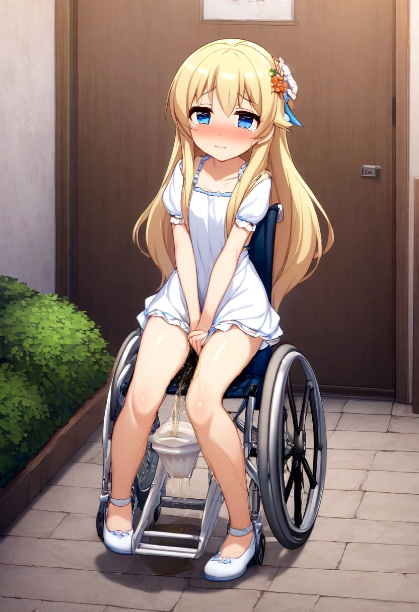 Anime. 1 girl. . . Baby. Princess. Blonde. Long hair. Blue eyes. Beautiful eyes. Perfect eyes. Expressive eyes. Eyes covered with a faded film. Blind eyes. Blind. Ideal face. Ideal anatomical body. Beautiful long legs. Beautiful body. Beautiful nose. 12 years old. Embarrassment. Blush. Beautiful character design. Shiny skin. Light white dress. Shoes. Hair decorations. Disabled person. Paralytic. Sitting. Wheelchair. Hands on crotch. Urinary incontinence. Wants to pee. She needs to pee. She has a strong, desperate urge to pee. He squeezes his crotch tightly. Rubs copper. Slight lean forward. She peed herself. Fantasy city. A park. Date. At the entrance to a public toilet. He takes off his wet panties. Tears in my eyes. Cry. Snot flows from the nose. Full body. nsfw. Official art. Extremely detailed CG Unity 8k wallpaper. Ideal lighting. Ultra high resolution 4K. Super detailed 8K. A high resolution.
