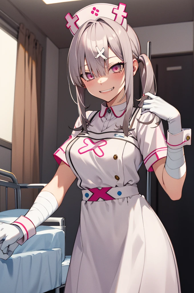 masterpiece, best quality, highres, sk1, white gloves, bandages, white apron, short sleeves, nurse, bandaged arm, wrist cuffs, white dress, fangs, cowboy shot, wariza, hospital bed, evil grin, holding syringe,