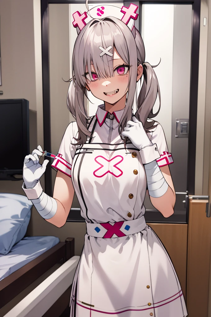 masterpiece, best quality, highres, sk1, white gloves, bandages, white apron, short sleeves, nurse, bandaged arm, wrist cuffs, white dress, fangs, cowboy shot, wariza, hospital bed, evil grin, holding syringe,