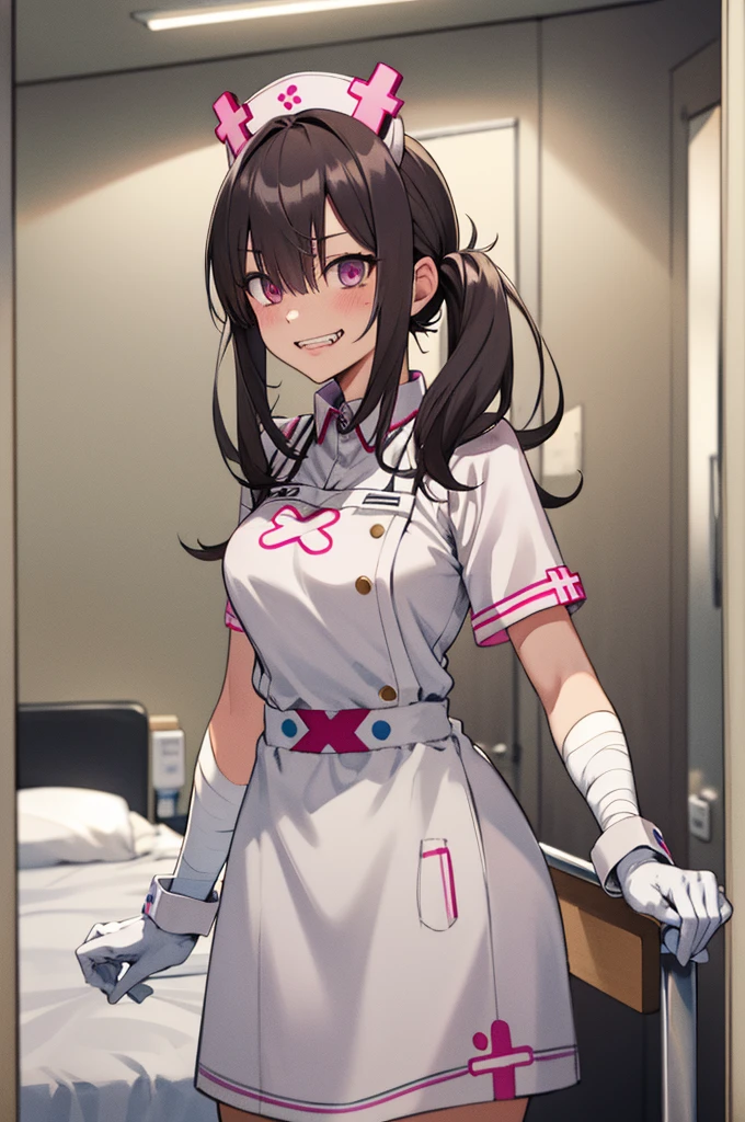 masterpiece, best quality, highres, sk1, white gloves, bandages, white apron, short sleeves, nurse, bandaged arm, wrist cuffs, white dress, fangs, cowboy shot, wariza, hospital bed, evil grin, holding syringe,