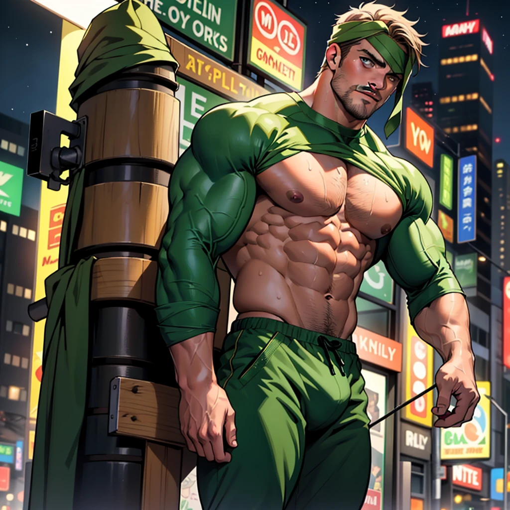 masterpiece, best quality, detailed face, natural eyes, 1man, macho man,hunk and handsome , lean muscled and mature, stephen amell as a green arrow wearing totally dark green pants, shirtless , showing nipples and sweating, tight cloth showing his muscles and bulge , full body , background city at night