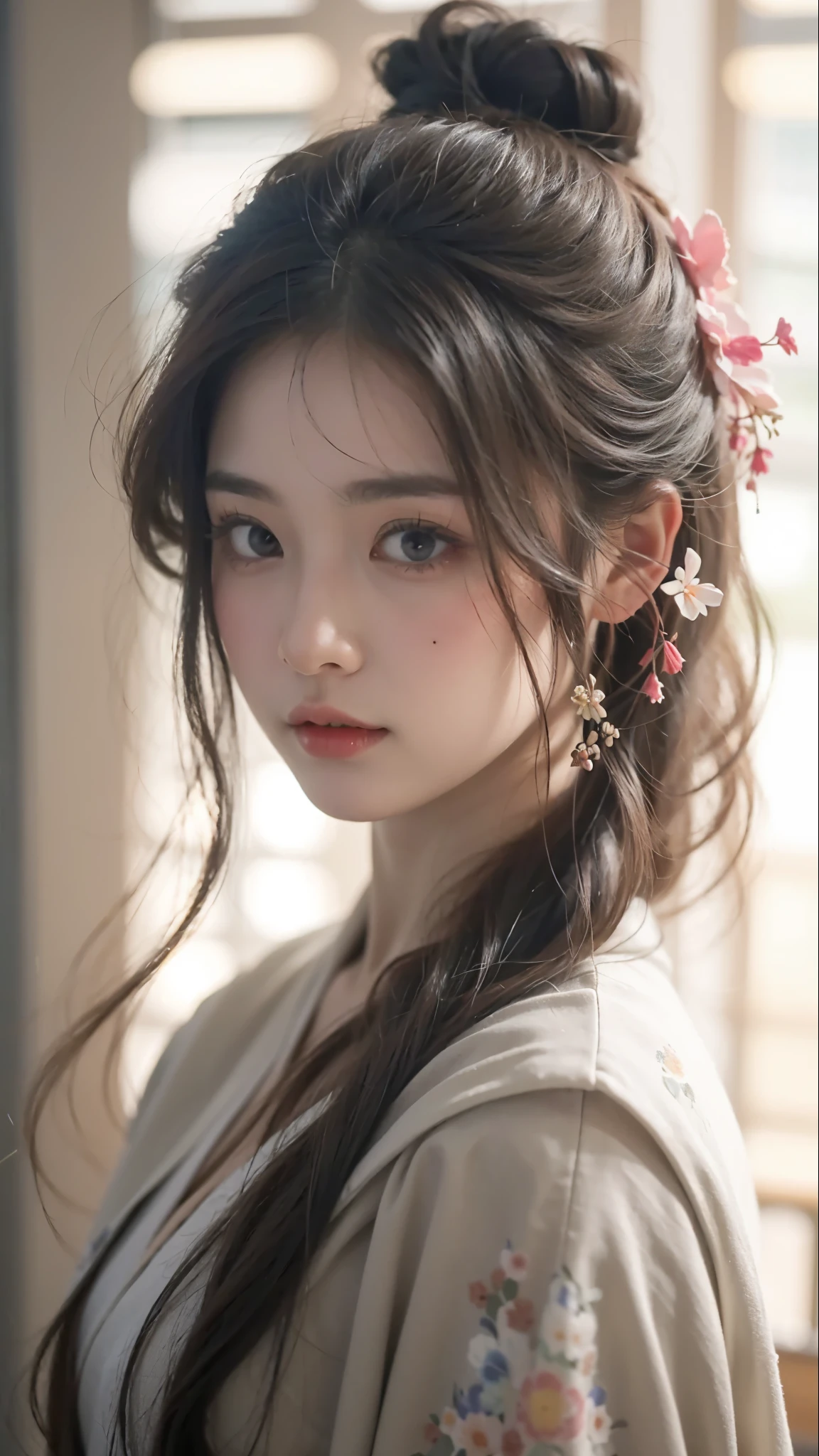 Beautiful Japanese waifu, early 30s, brunette hair, fantasy wuxia silky dress in white with flower pattern, closeup, flowery head decoration